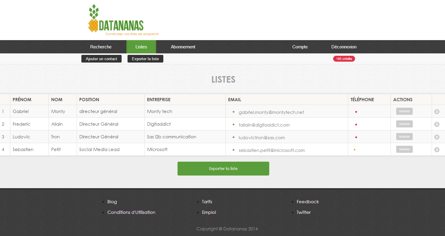 Première interface web de Datananas List Builder en 2014, montrant une liste de prospects et leurs adresses email professionnelles