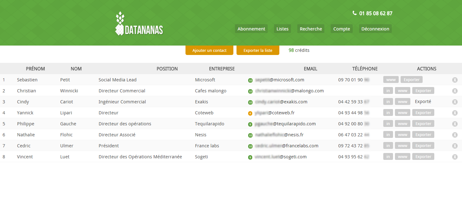Interface web verte de Datananas List Builder en 2015, avec une liste de prospects enrichie d'emails et de numéros de téléphone