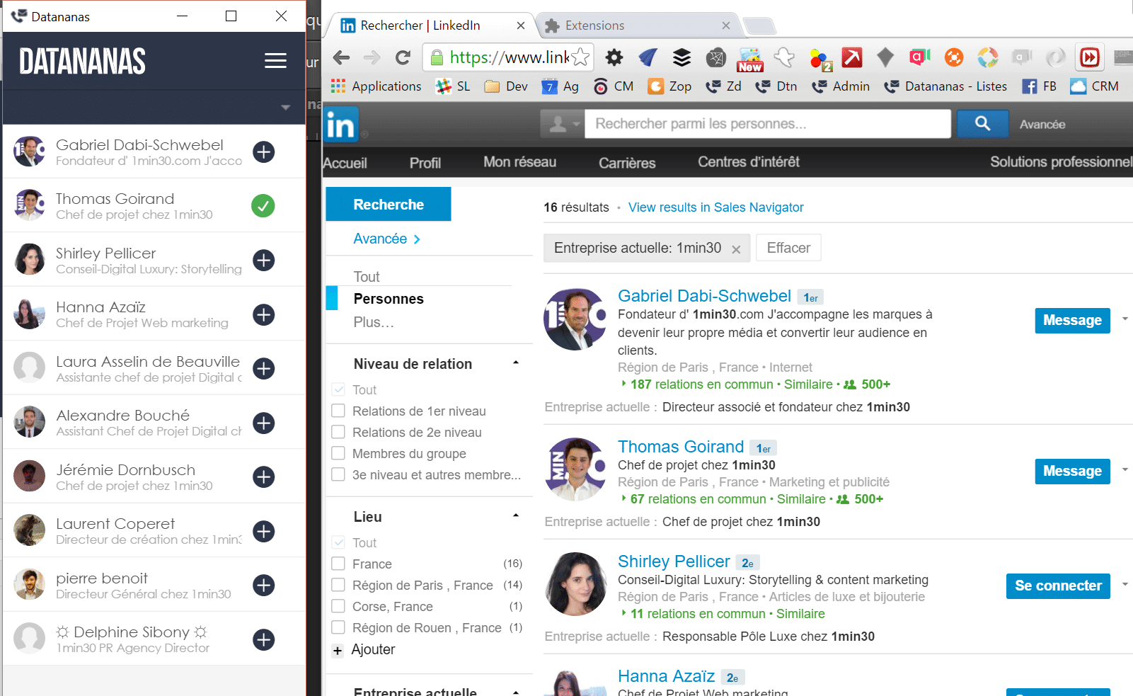 Datananas List Builder affichant des prospects collectés depuis les résultats de recherche LinkedIn en 2016.