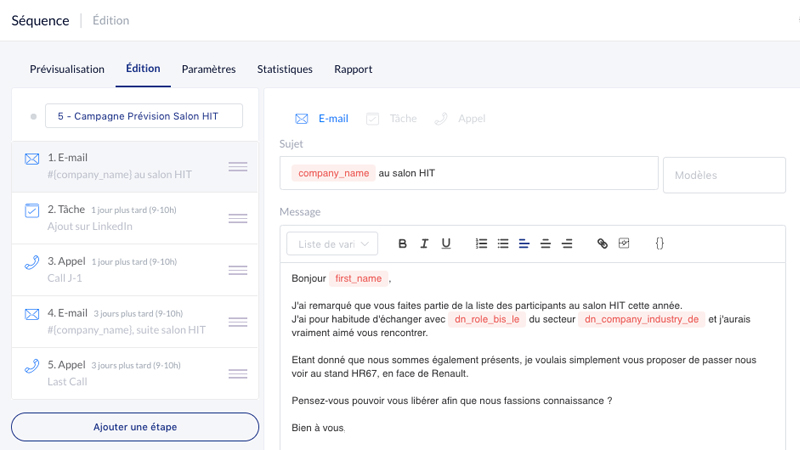 L'éditeur de séquences de Datananas Outbound en 2018, avec des emails automatisés, des tâches LinkedIn et des appels.